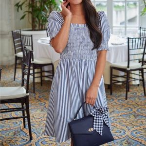 Draper James Cam Smocked Dress in Blue and white stripe